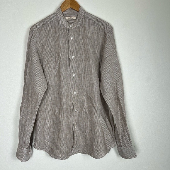 Luca Faloni Shirt Mens Size 41/16 Tan White Striped ButtonDown Linen Stand Colla - Picture 1 of 6